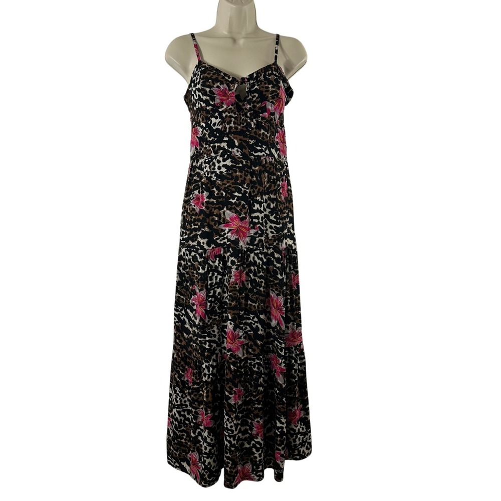 New Look Womens L Leopard Floral Print Padded Smocked Maxi Dress Pink Brown NEW